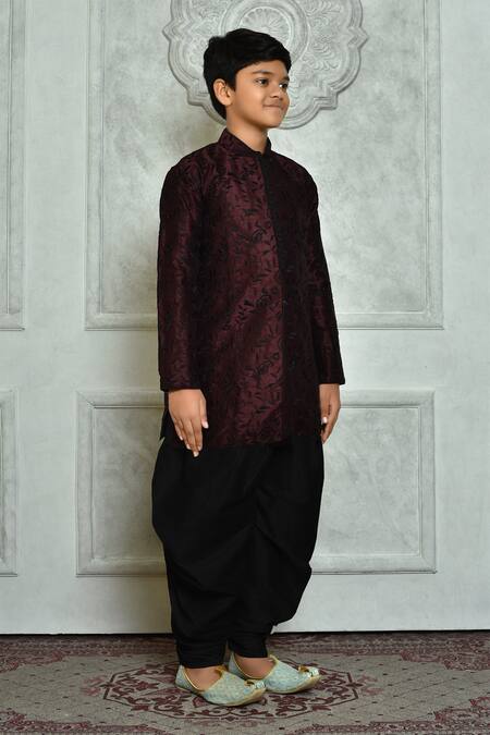 Petite Pomme_Wine Silk, Cotton Embroidery Paisley Thread Work Kurta Set _at_Aza_Fashions