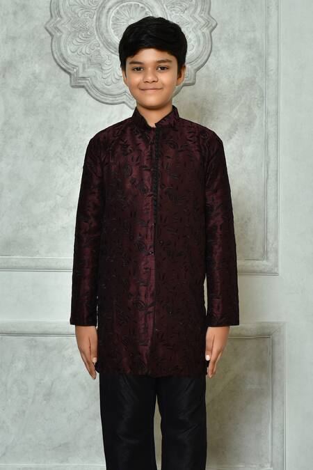 Buy Petite Pomme Wine Silk Embroidery Paisley And Leaf Kurta Set Online at Aza Fashions Buy_Petite Pomme_Wine Silk Embroidery Paisley And Leaf Kurta Set _Online_at_Aza_Fashions