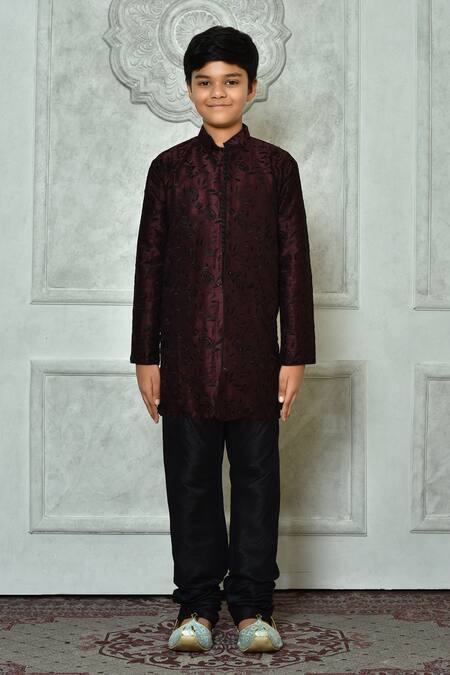 Buy_Petite Pomme_Wine Silk Embroidery Paisley And Leaf Kurta _Online_at_Aza_Fashions