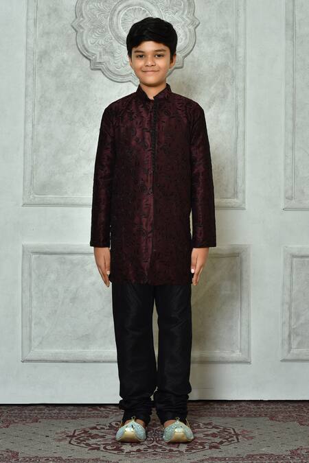 Shop_Petite Pomme_Wine Silk Embroidery Paisley And Leaf Kurta Set _Online_at_Aza_Fashions