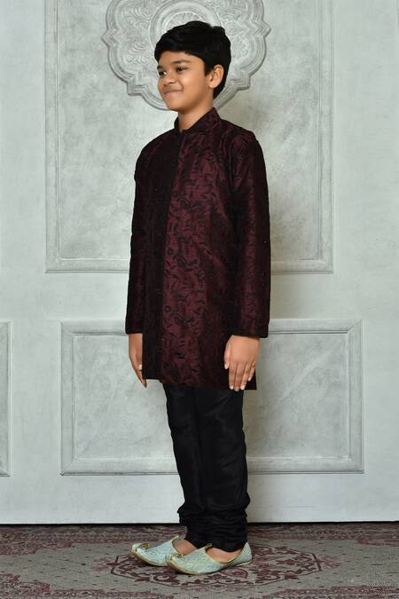 Shop_Petite Pomme_Wine Silk Embroidery Paisley And Leaf Kurta _Online_at_Aza_Fashions