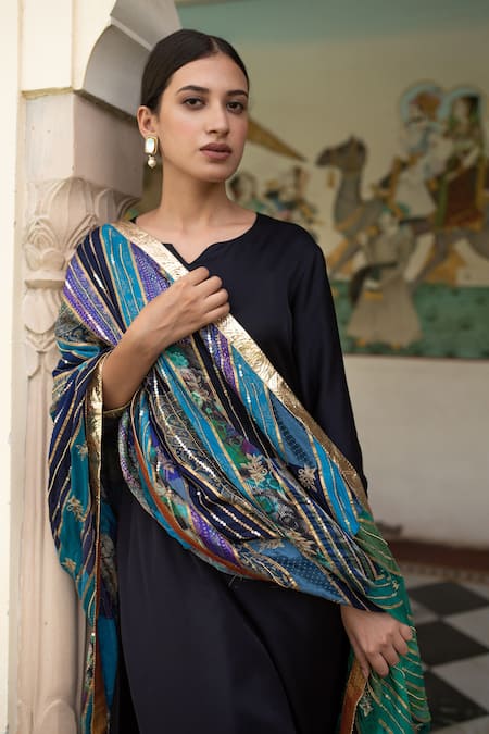 Priyanka Raajiv_Blue Silk, Satin, Brocade, Cotton And Handwoven Tissue Stripe Eila Patch Dupatta _at_Aza_Fashions