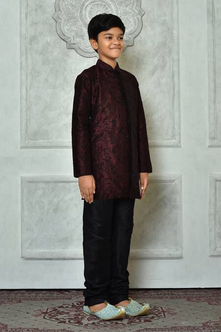 Petite Pomme_Wine Silk Embroidery Paisley And Leaf Kurta Set _at_Aza_Fashions