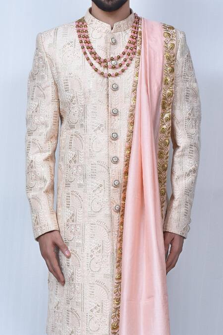 Arihant Rai Sinha Peach , Satin Embroidery Floral And Paisley Sherwani Set at Aza Fashions Arihant Rai Sinha_Peach , Satin Embroidery Floral And Paisley Sherwani Set _at_Aza_Fashions