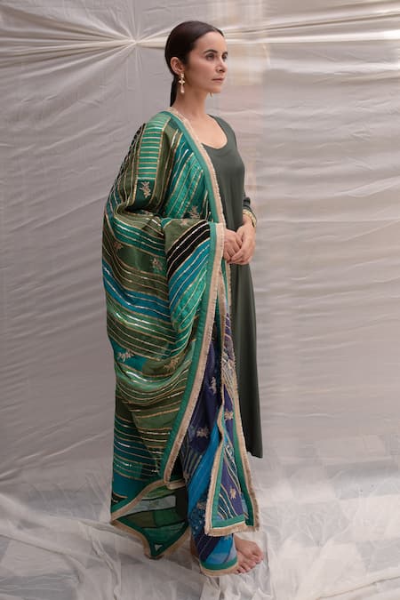 Buy_Priyanka Raajiv_Blue Silk, Cotton, Tissue, Satin, Brocade, Meenakshi Stripe Embroidered Dupatta _Online_at_Aza_Fashions