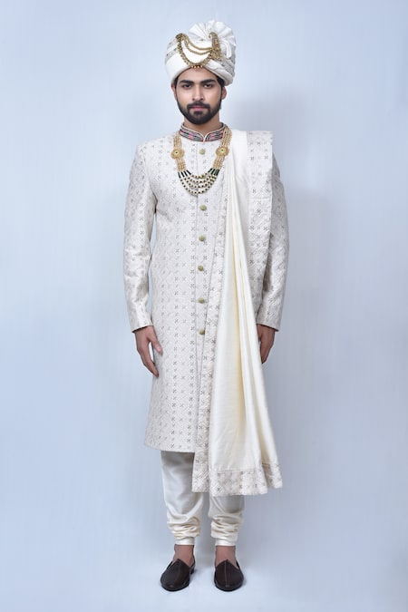 Buy_Arihant Rai Sinha_Cream , Satin Embroidery Floral Pattern Sherwani Set _Online_at_Aza_Fashions