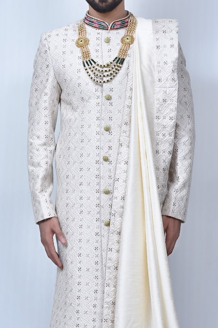 Arihant Rai Sinha_Cream , Satin Embroidery Floral Pattern Sherwani Set _at_Aza_Fashions
