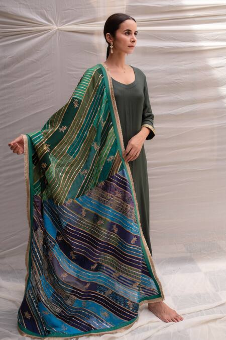 Shop_Priyanka Raajiv_Blue Silk, Cotton, Tissue, Satin, Brocade, Meenakshi Stripe Embroidered Dupatta _Online_at_Aza_Fashions