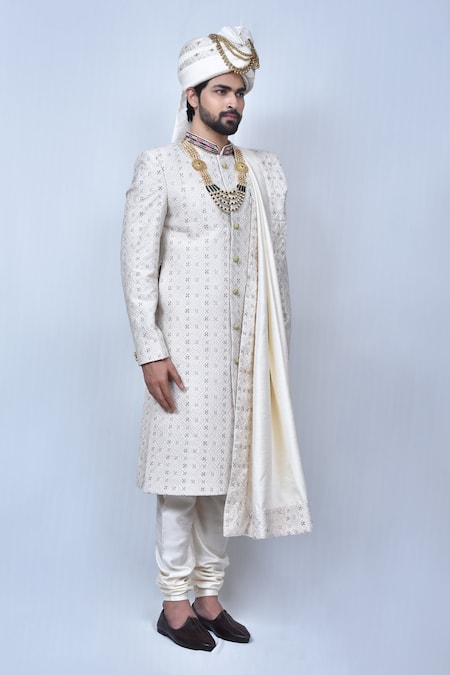 Shop_Arihant Rai Sinha_Cream , Satin Embroidery Floral Pattern Sherwani Set _Online_at_Aza_Fashions