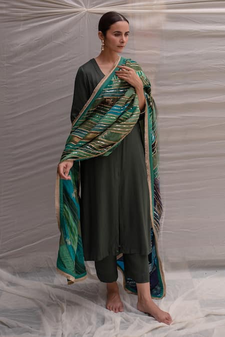 Priyanka Raajiv_Blue Silk, Cotton, Tissue, Satin, Brocade, Meenakshi Stripe Embroidered Dupatta _at_Aza_Fashions