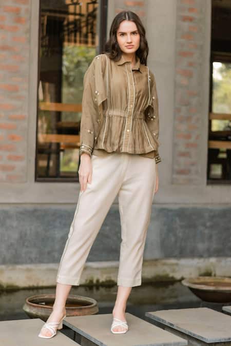 Buy_Vaani Beswal_Green Chanderi, Cotton Embroidery Collared Aasma Top And Pant Set _Online_at_Aza_Fashions