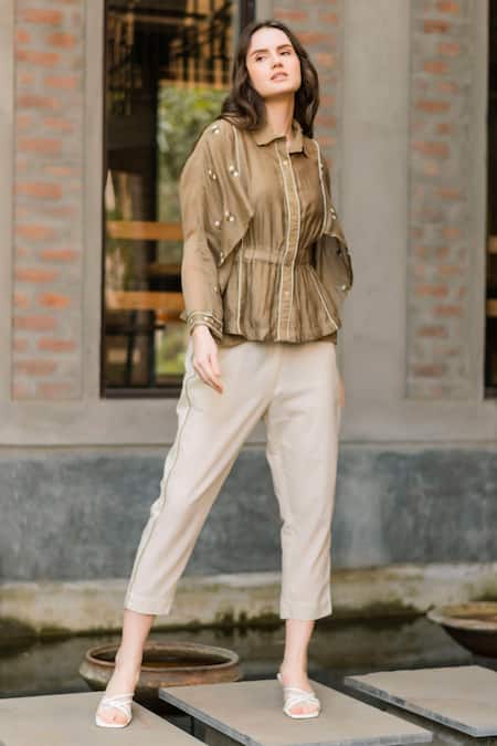 Vaani Beswal_Green Chanderi, Cotton Embroidery Collared Aasma Top And Pant Set _at_Aza_Fashions