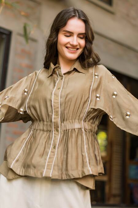 Shop_Vaani Beswal_Green Chanderi, Cotton Embroidery Collared Aasma Top And Pant Set 