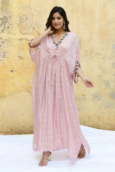 Buy_Label Niti Bothra_Pink Silk Embroidery V-neck Rosette Kaftan 