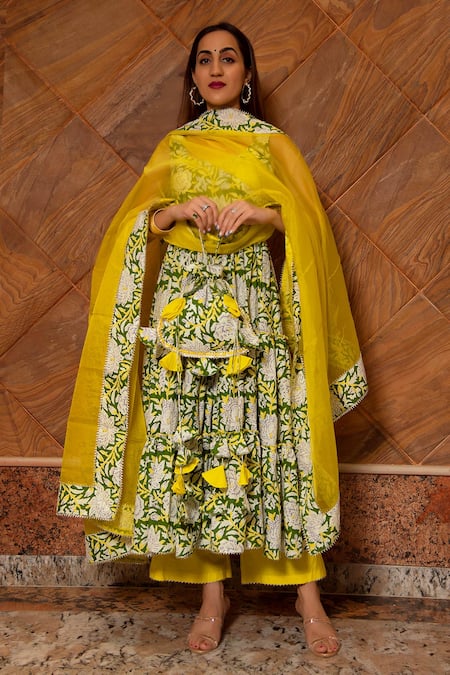 Pomcha Jaipur_Yellow Anarkali And Pant Cotton, Dupatta Organza Floral Printed Tiered Set _Online_at_Aza_Fashions