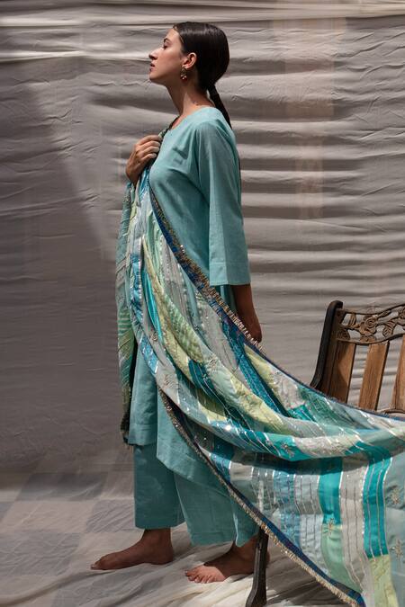 Shop Priyanka Raajiv Blue Silk, Cotton, Tissue, Satin, Brocade, Maheshwari Embroidered Dupatta Online at Aza Fashions Shop_Priyanka Raajiv_Blue Silk, Cotton, Tissue, Satin, Brocade, Maheshwari Embroidered Dupatta _Online_at_Aza_Fashions