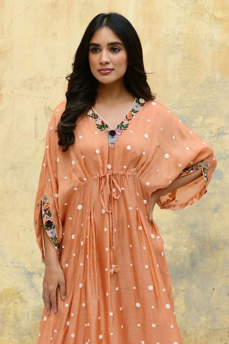 Label Niti Bothra_Peach Silk Embroidery V-neck 3d Rosette Motif Kaftan _Online_at_Aza_Fashions