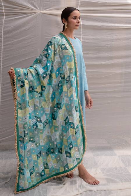 Buy_Priyanka Raajiv_Blue Silk Embroidery Mirror Leelawati Dupatta  _Online_at_Aza_Fashions