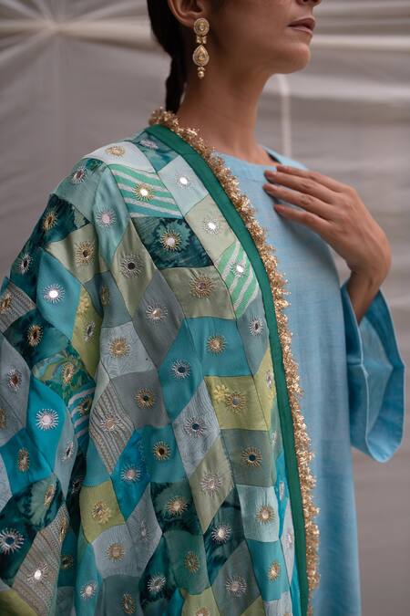 Shop_Priyanka Raajiv_Blue Silk Embroidery Mirror Leelawati Dupatta  _Online_at_Aza_Fashions