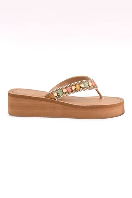 Shop_Kaltheos_Brown Beads, Crystals Sophia Embellished Wedges_Online_at_Aza_Fashions