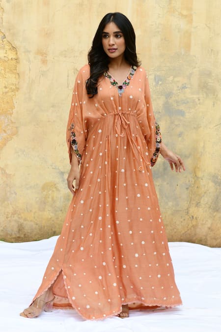 Shop_Label Niti Bothra_Peach Silk Embroidery V-neck 3d Rosette Motif Kaftan _Online_at_Aza_Fashions
