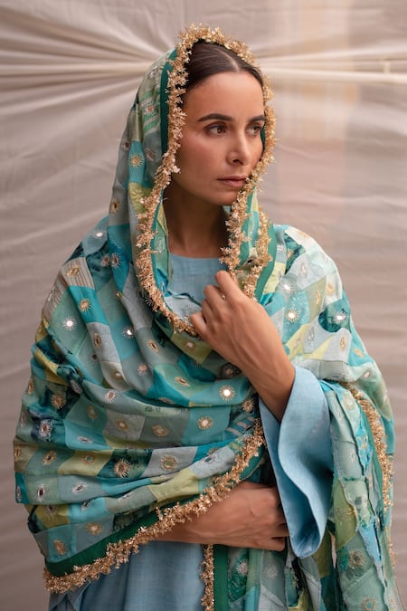 Priyanka Raajiv_Blue Silk Embroidery Mirror Leelawati Dupatta  _at_Aza_Fashions