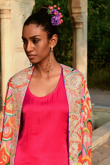 Shop_Swati Vijaivargie_Multi Color Silk Embroidery Gota Patti Open Cape And Dhoti Pant Set _Online_at_Aza_Fashions