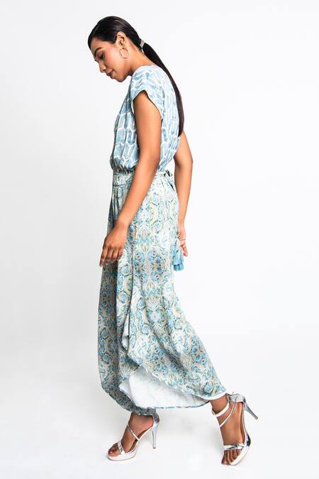 Shop_Anmol Kakad_Blue Georgette V-neck Geometric And Mosaic Pattern Jumpsuit_Online_at_Aza_Fashions