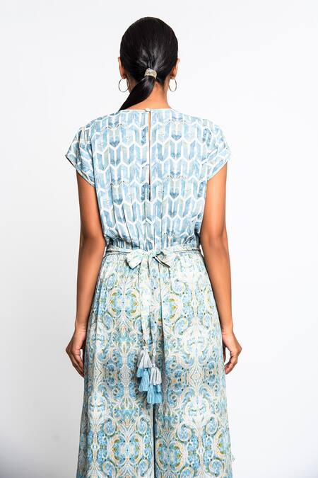Anmol Kakad_Blue Georgette V-neck Geometric And Mosaic Pattern Jumpsuit_at_Aza_Fashions
