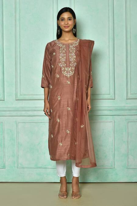 Samyukta Singhania_Purple Organza, Denim Embroidery Round Neck Flora Kurta With Dupatta_Online_at_Aza_Fashions
