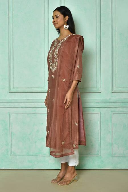Buy_Samyukta Singhania_Purple Organza, Denim Embroidery Round Neck Flora Kurta With Dupatta_Online_at_Aza_Fashions