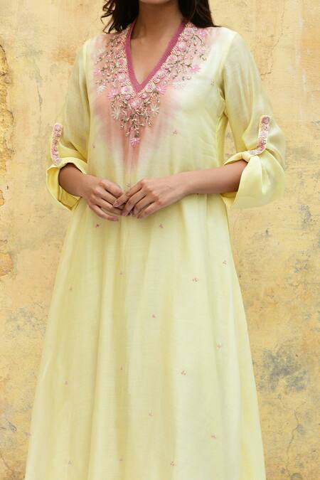 Label Niti Bothra Yellow Silk Beads, Embroidery V-neck Ombre Bodice Long Kurta And Palazzo Set Online at Aza Fashions Label Niti Bothra_Yellow Silk Beads, Embroidery V-neck Ombre Bodice Long Kurta And Palazzo Set _Online_at_Aza_Fashions