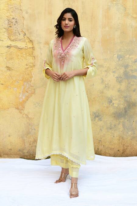Buy Label Niti Bothra Yellow Silk Beads, Embroidery V-neck Ombre Bodice Long Kurta And Palazzo Set Online at Aza Fashions Buy_Label Niti Bothra_Yellow Silk Beads, Embroidery V-neck Ombre Bodice Long Kurta And Palazzo Set _Online_at_Aza_Fashions