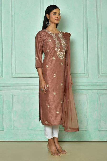 Shop_Samyukta Singhania_Purple Organza, Denim Embroidery Round Neck Flora Kurta With Dupatta_Online_at_Aza_Fashions