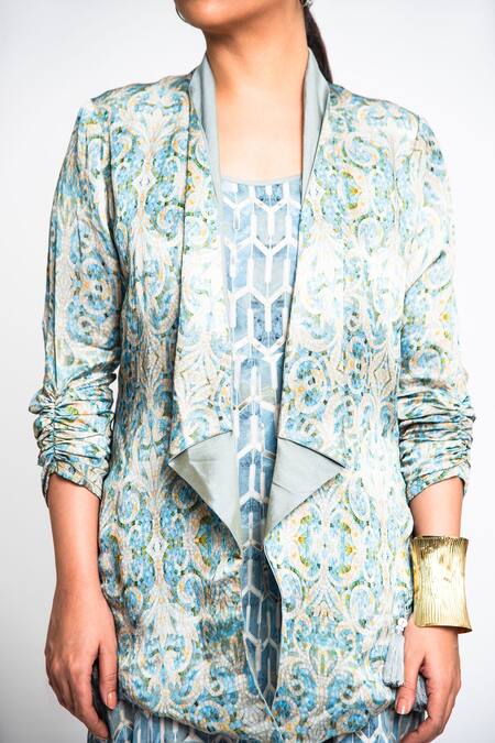 Anmol Kakad_Blue Satin, Linen, Georgette Tassels Shawl Mosaic Pattern Jacket And Romper Set_Online_at_Aza_Fashions
