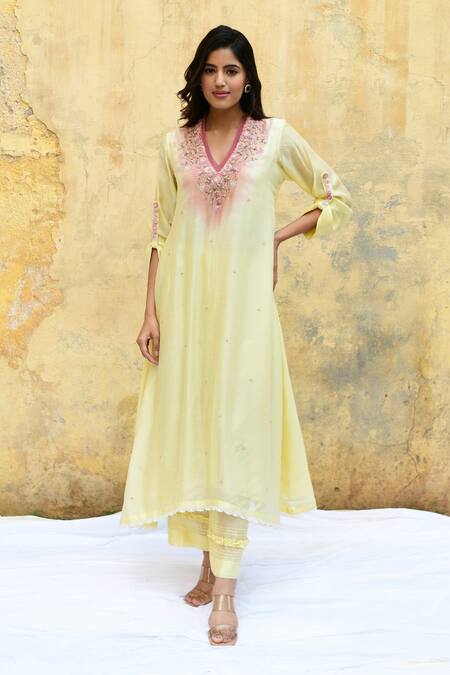 Yellow Floral Printed 3/4Th Sleeve A-Line Kurta With White Palazzo –  Trendphoria