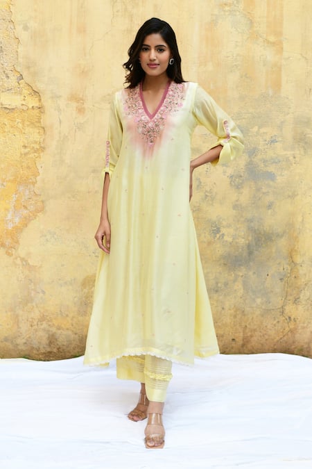 Shop Label Niti Bothra Yellow Silk Beads, Embroidery V-neck Ombre Bodice Long Kurta And Palazzo Set Online at Aza Fashions Shop_Label Niti Bothra_Yellow Silk Beads, Embroidery V-neck Ombre Bodice Long Kurta And Palazzo Set _Online_at_Aza_Fashions