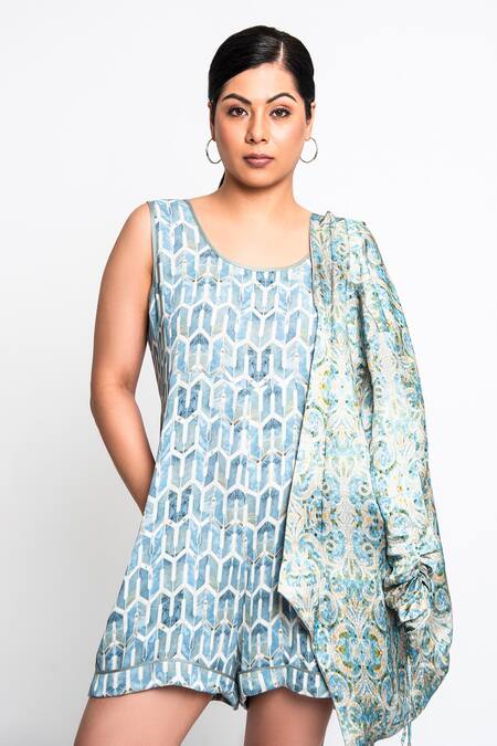 Anmol Kakad_Blue Satin, Linen, Georgette Tassels Shawl Mosaic Pattern Jacket And Romper Set_at_Aza_Fashions