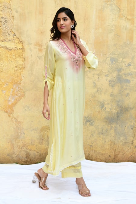 Label Niti Bothra Yellow Silk Beads, Embroidery V-neck Ombre Bodice Long Kurta And Palazzo Set at Aza Fashions Label Niti Bothra_Yellow Silk Beads, Embroidery V-neck Ombre Bodice Long Kurta And Palazzo Set _at_Aza_Fashions
