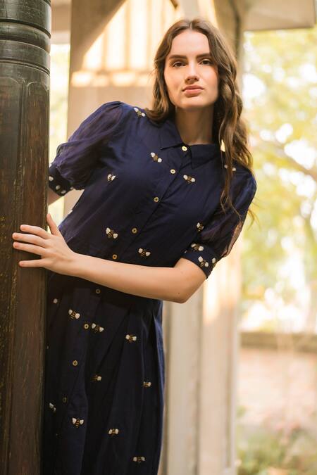Vaani Beswal_Blue Handloom Cotton, Chanderi Embroidery Collared Thread Midi Dress _at_Aza_Fashions