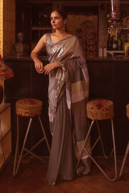 Shop_Priyanka Raajiv_Grey Silk, Cotton, Tissue, Satin, Brocade, Mahima Embroidered Saree With Blouse _Online_at_Aza_Fashions