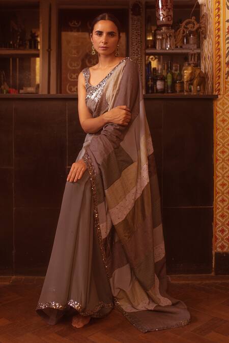 Priyanka Raajiv_Grey Silk, Cotton, Tissue, Satin, Brocade, Mahima Embroidered Saree With Blouse _at_Aza_Fashions