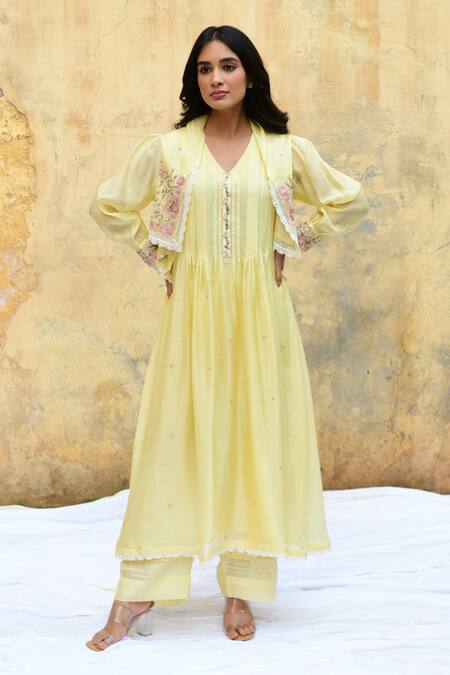Label Niti Bothra Yellow Silk Embroidery, Beads, Pearls V-neck Floral Jacket Kurta And Palazzo Set Online at Aza Fashions Label Niti Bothra_Yellow Silk Embroidery, Beads, Pearls V-neck Floral Jacket Kurta And Palazzo Set _Online_at_Aza_Fashions