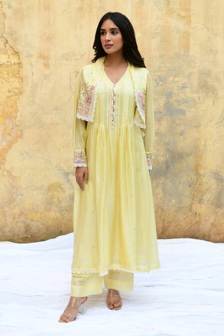 Buy Label Niti Bothra Yellow Silk Embroidery, Beads, Pearls V-neck Floral Jacket Kurta And Palazzo Set Online at Aza Fashions Buy_Label Niti Bothra_Yellow Silk Embroidery, Beads, Pearls V-neck Floral Jacket Kurta And Palazzo Set _Online_at_Aza_Fashions