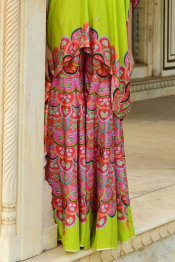Swati Vijaivargie_Green Silk Gota Patti Bandeau Neck Pansy Asymmetric Hem Poncho And Sharara Set _Online_at_Aza_Fashions