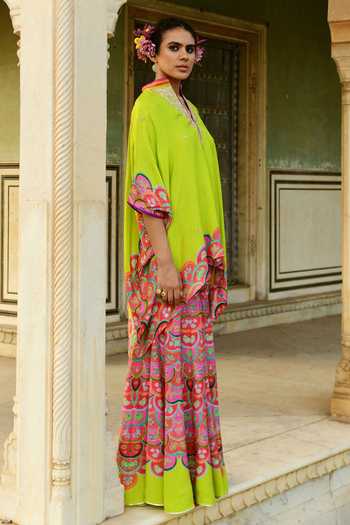 Buy_Swati Vijaivargie_Green Silk Gota Patti Bandeau Neck Pansy Asymmetric Hem Poncho And Sharara Set _Online_at_Aza_Fashions