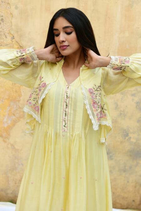 Shop Label Niti Bothra Yellow Silk Embroidery, Beads, Pearls V-neck Floral Jacket Kurta And Palazzo Set Online at Aza Fashions Shop_Label Niti Bothra_Yellow Silk Embroidery, Beads, Pearls V-neck Floral Jacket Kurta And Palazzo Set _Online_at_Aza_Fashions