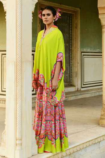 Shop_Swati Vijaivargie_Green Silk Gota Patti Bandeau Neck Pansy Asymmetric Hem Poncho And Sharara Set _Online_at_Aza_Fashions