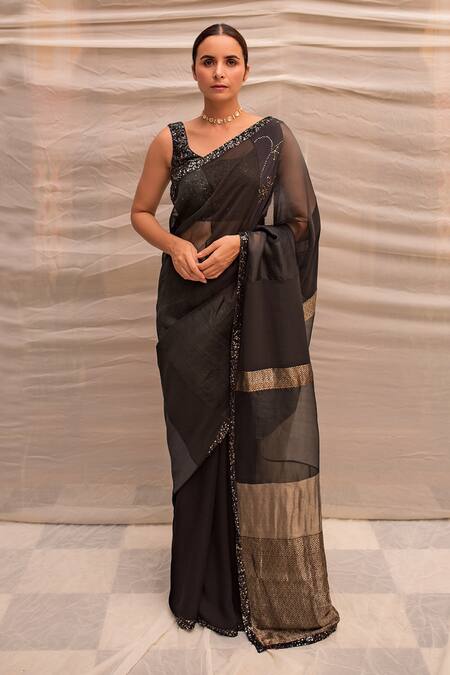 Buy_Priyanka Raajiv_Black Silk, Satin, Brocade, Cotton And Handwoven Dharmini Patch Saree With Blouse _Online_at_Aza_Fashions