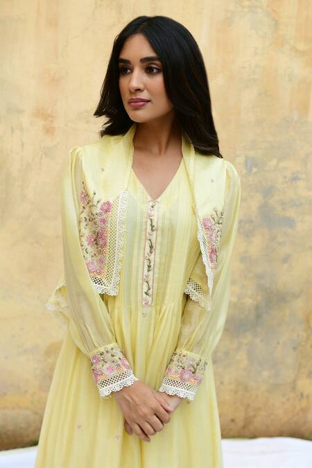 Label Niti Bothra Yellow Silk Embroidery, Beads, Pearls V-neck Floral Jacket Kurta And Palazzo Set at Aza Fashions Label Niti Bothra_Yellow Silk Embroidery, Beads, Pearls V-neck Floral Jacket Kurta And Palazzo Set _at_Aza_Fashions